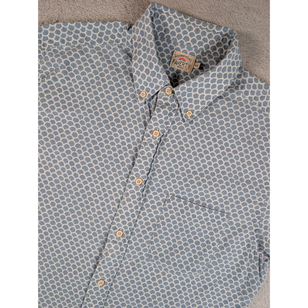 Faherty Mens Indigo Dyed Fish Scale Print Short Sleeve Button Down Shirt Blue M